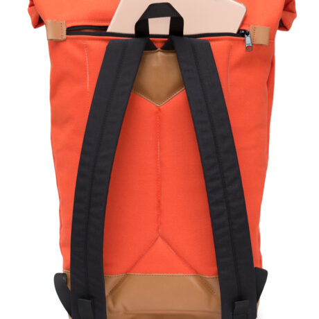 The backside of Braasis orange Foxy model with a tablet in its deep top pocket