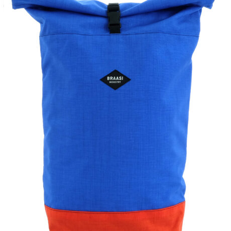 The blue and orange Rolltop Braasi backpack made from Cordura