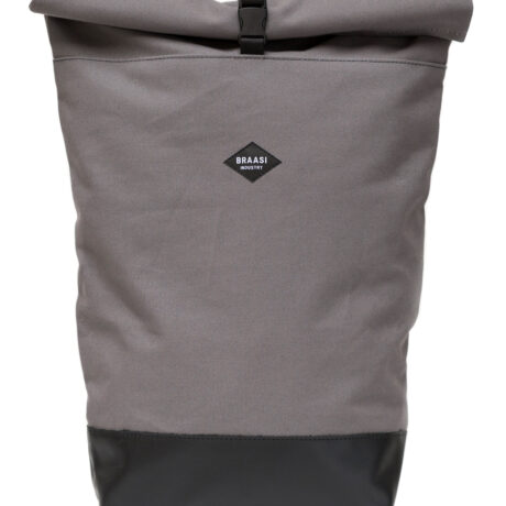The Rolltop Canvas Braasi backpack in light grey with a black leather bottom
