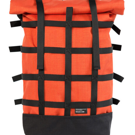 The Braasi Webbing rolltop, here in orange, is a practical backpack made with durable materials.